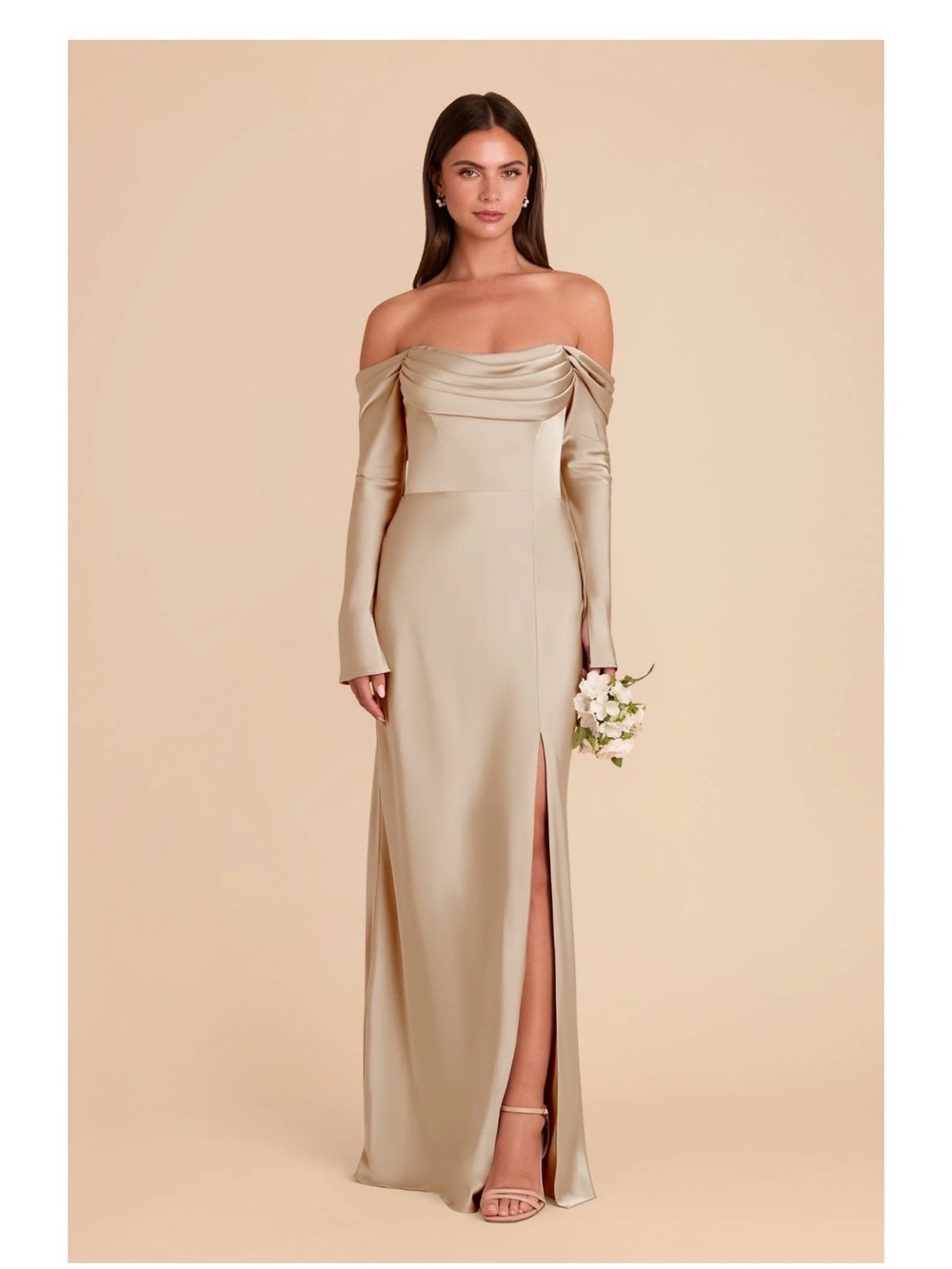 Birdy Grey Off-Shoulder Long Sleeve Satin Gown in Champagne